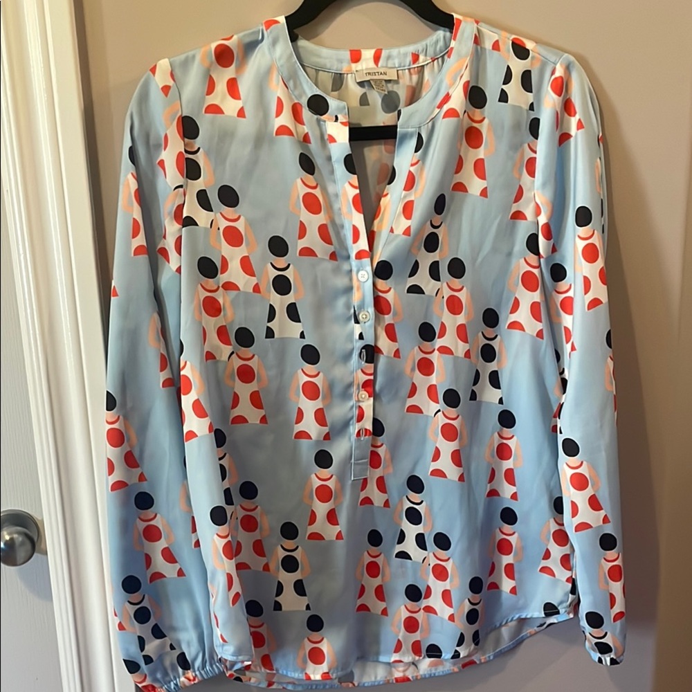 Tristan Blue, Orange, Black, White Long Sleeve Blouse with Mandarin Collar